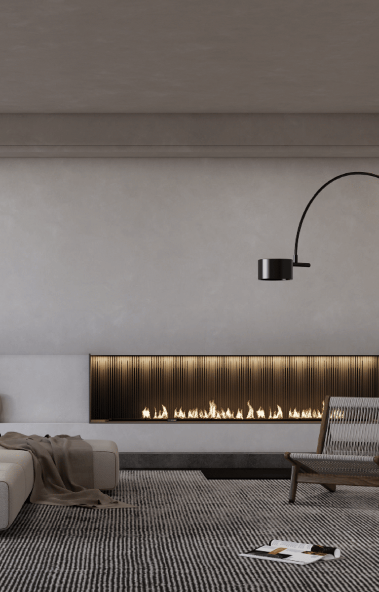 Minimalistic living room with a fireplace and a couch