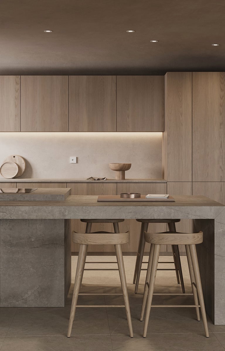 a kitchen with a counter top and a bar stool. Wabi- sabi