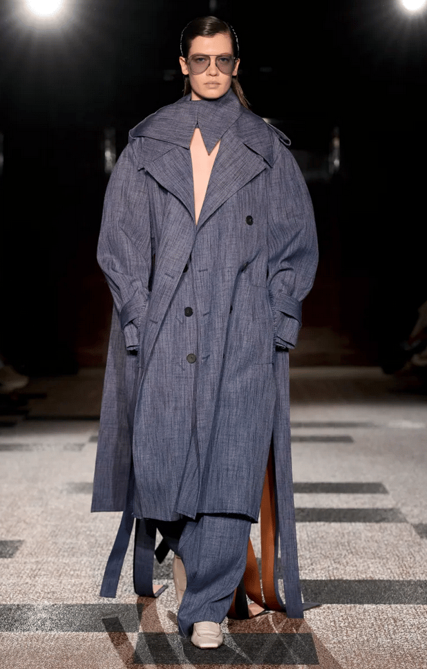 Roksanda model in oversized denim trench coat and trousers on the runway at London Fashion Week 2026