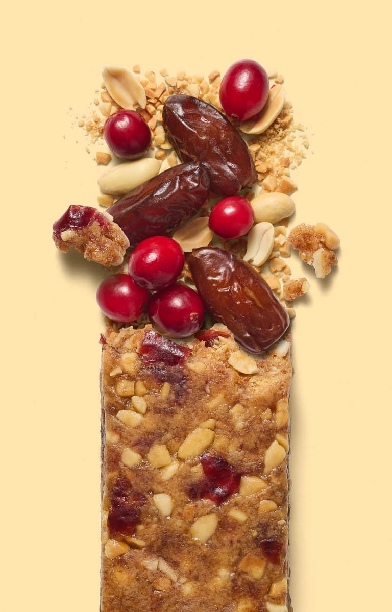 Food and packaging photography - a muesli bar with fruit and nuts