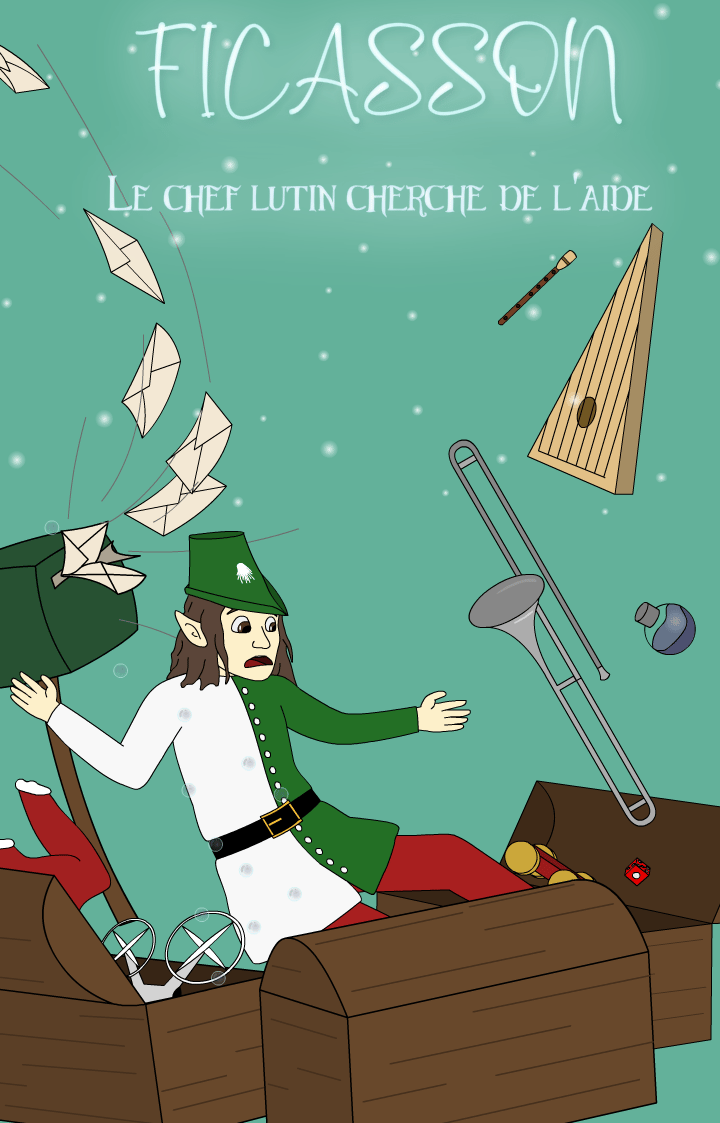 un dessin d'un lutin entouré de coffres a jouets