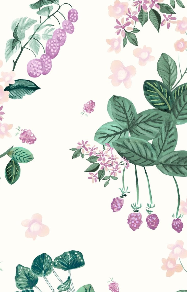 Estampa infantil de flores, folhas e uvas pintada a mão com exclusividade em aquarela e pastel seco