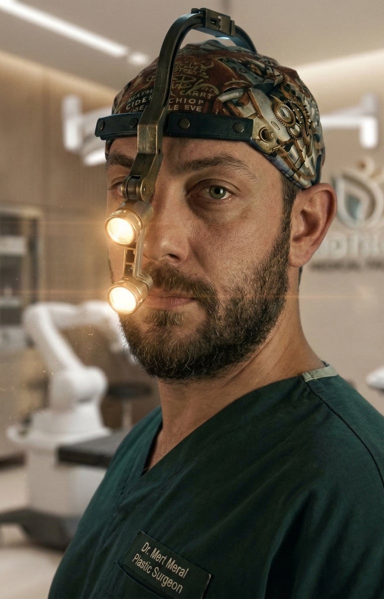 Dr. Mert Meral, a plastic surgeon wearing scrubs and a surgical headlight in a modern medical facility.