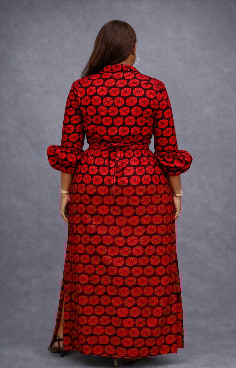 African print Ankara dress design with structured bodice, front tie detail, and statement sleeves.