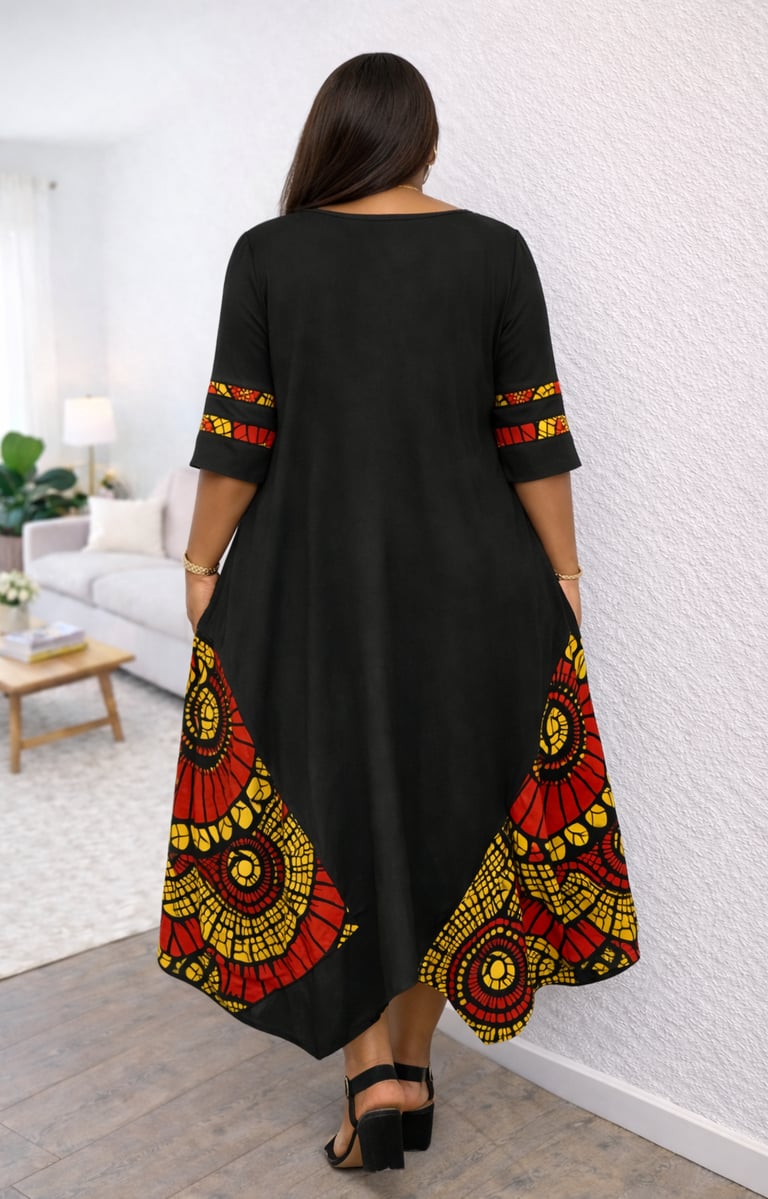 Rear view of Ankara Panel-Trim Midi Dress