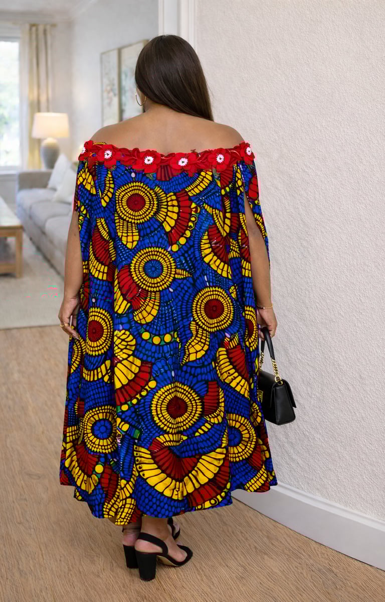 Rear view of Ankara Off-Shoulder Cape Dress