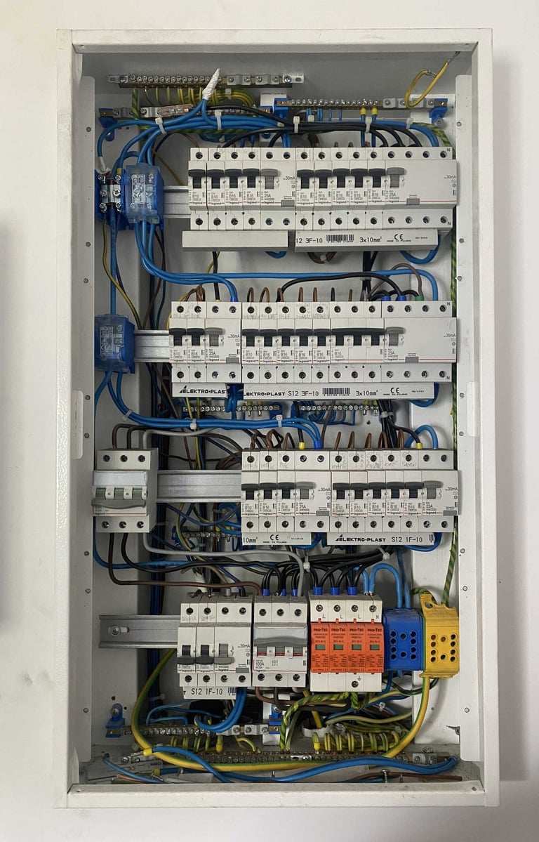 Okablowanie rozdzielnicy, bezpieczniki, elektryk trójmiasto