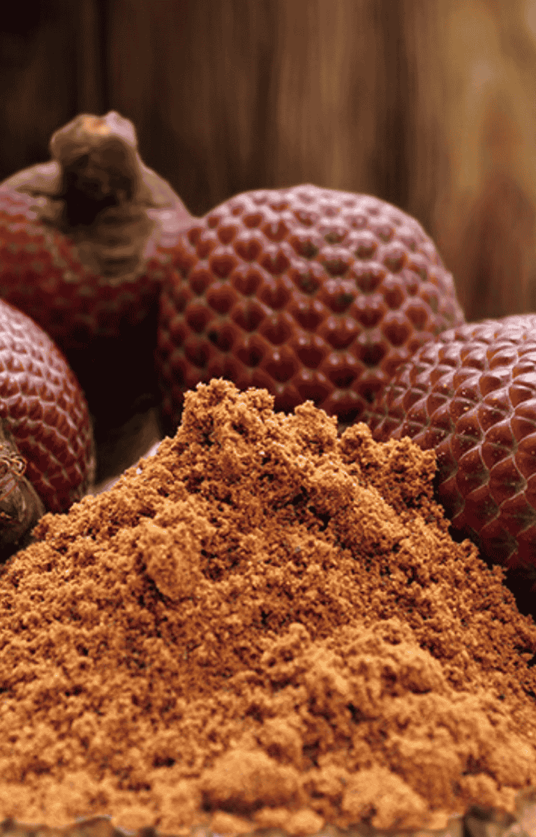 Fruto de aguaje o moriche junto a su presentación en polvo, disponible para el mercado de España y Europa