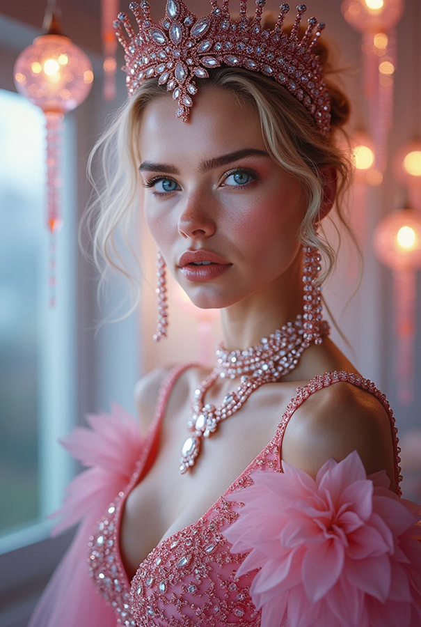 a beautiful nordic woman in a pink dress