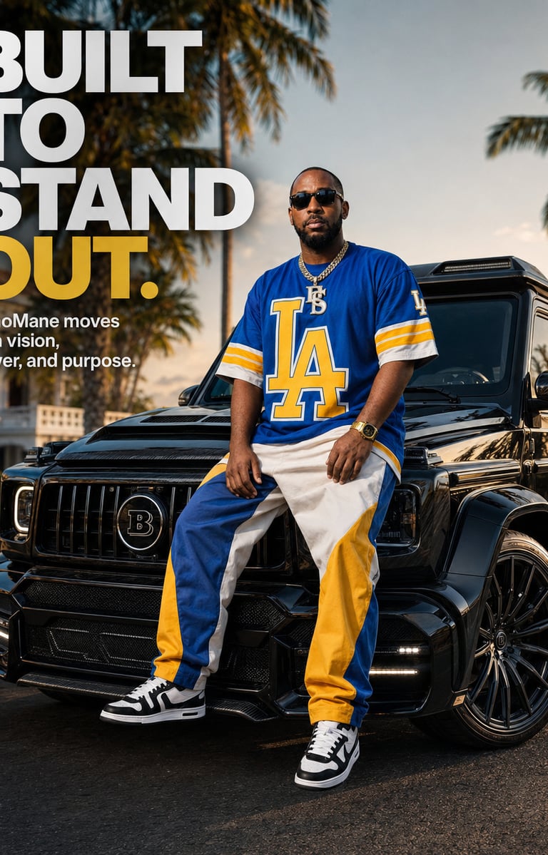 OchoMane wearing a blue and yellow LA jersey while sitting on a black Brabus G-Wagon luxury SUV.
