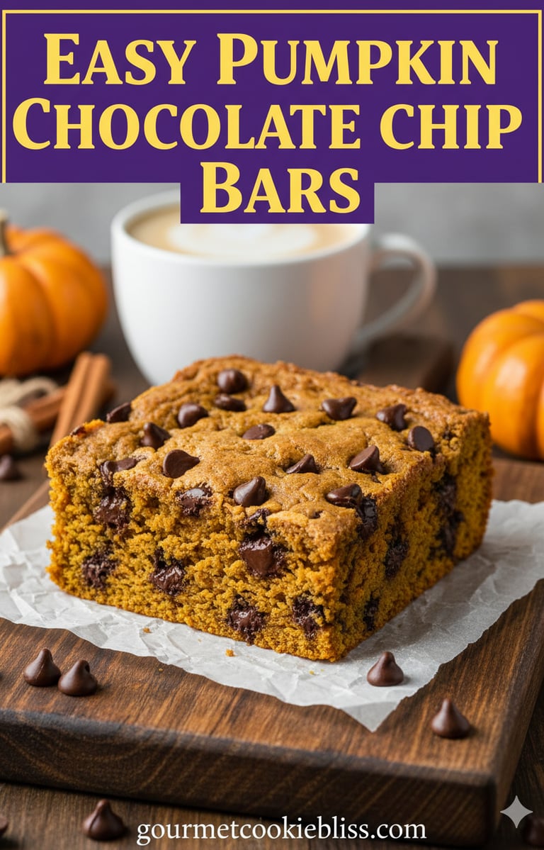 A close-up of a perfectly cut, extra soft and moist pumpkin chocolate chip bar,