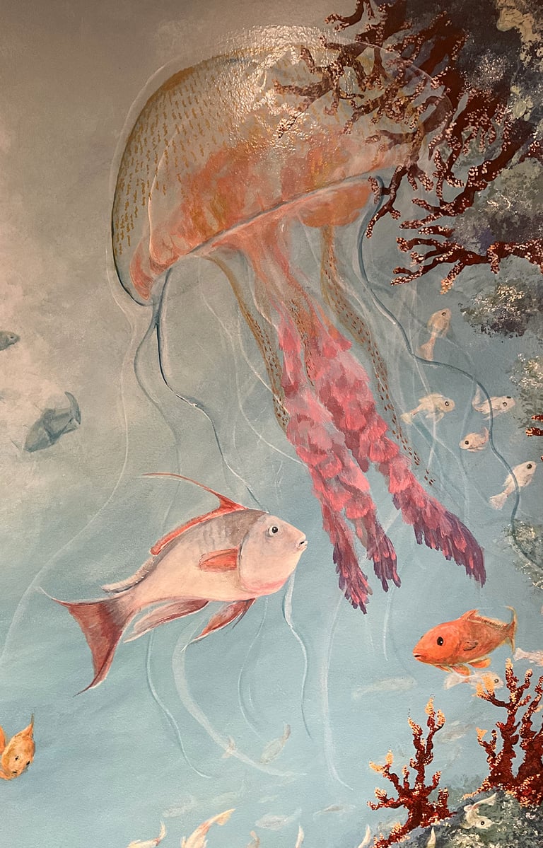 Pink Meanie jellyfish mural with reflective and sheen painterly affects.