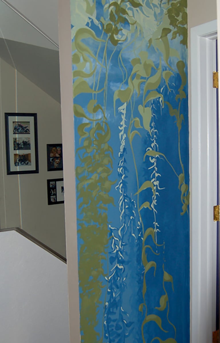 Small entry way hall mural of sea kelp in blues, greens and cream colors.