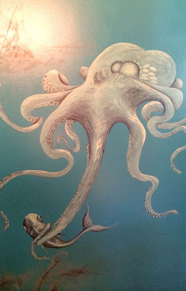 Bathroom mural in marine blues and greys of octopus with a fish hovering in front of a sunken ship.