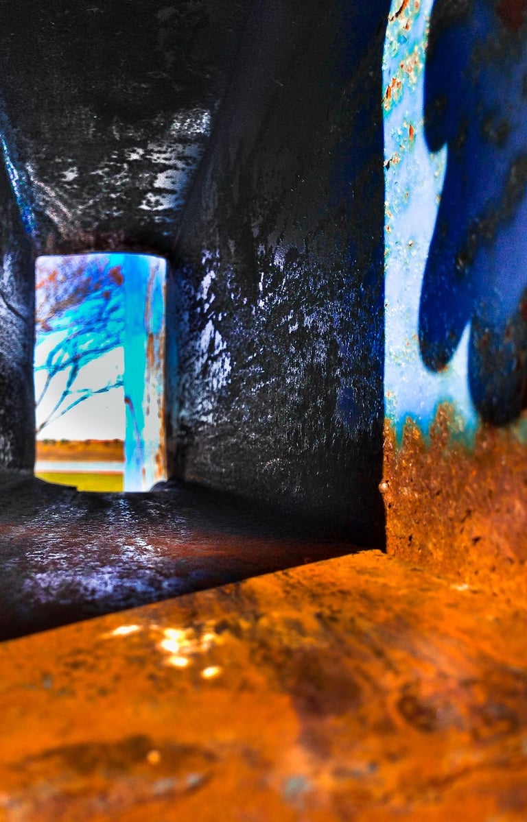 Looking through a deep rectangular hole into a blurred abstract landscape.