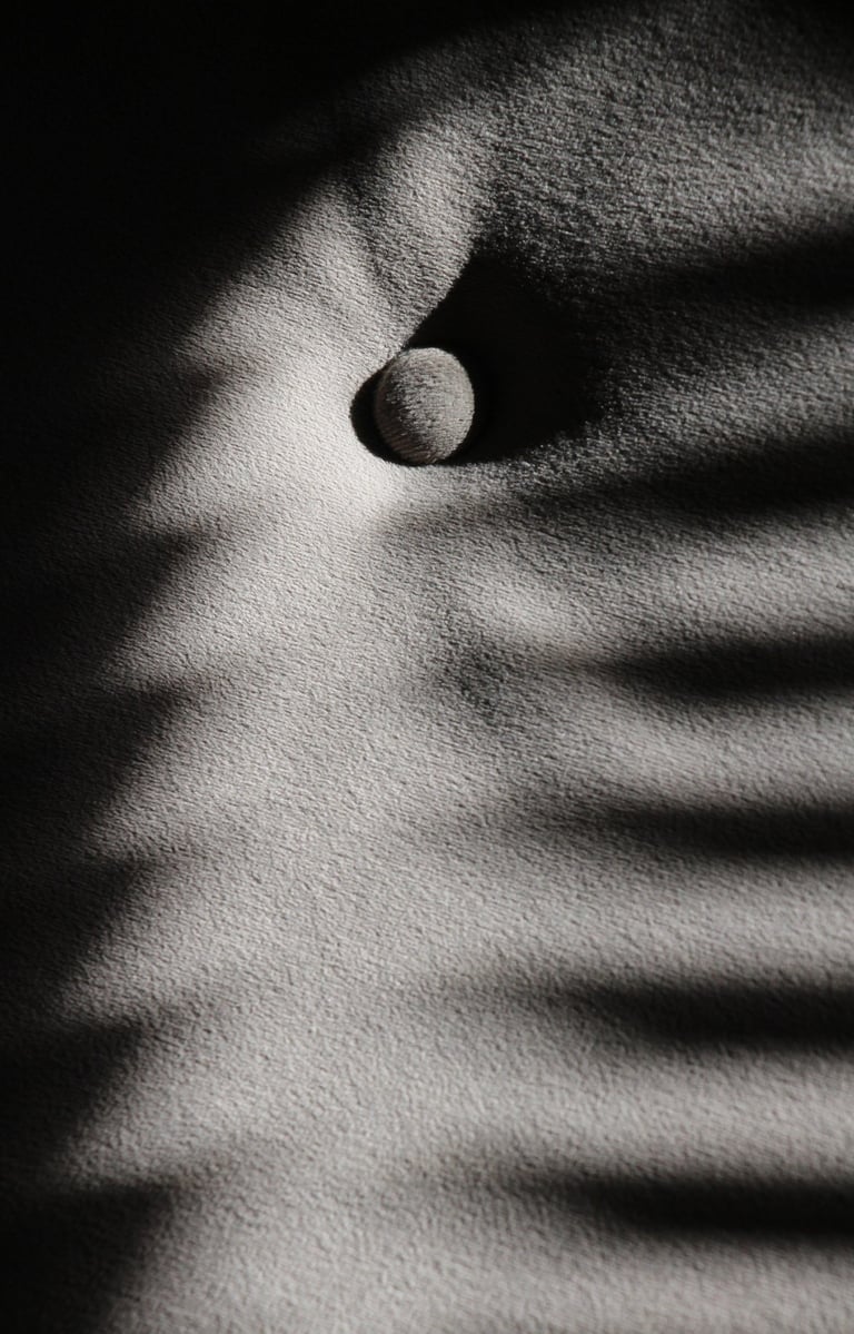 Monochrome image of shadows visible on a piece grayish fabric with a rounded button. 