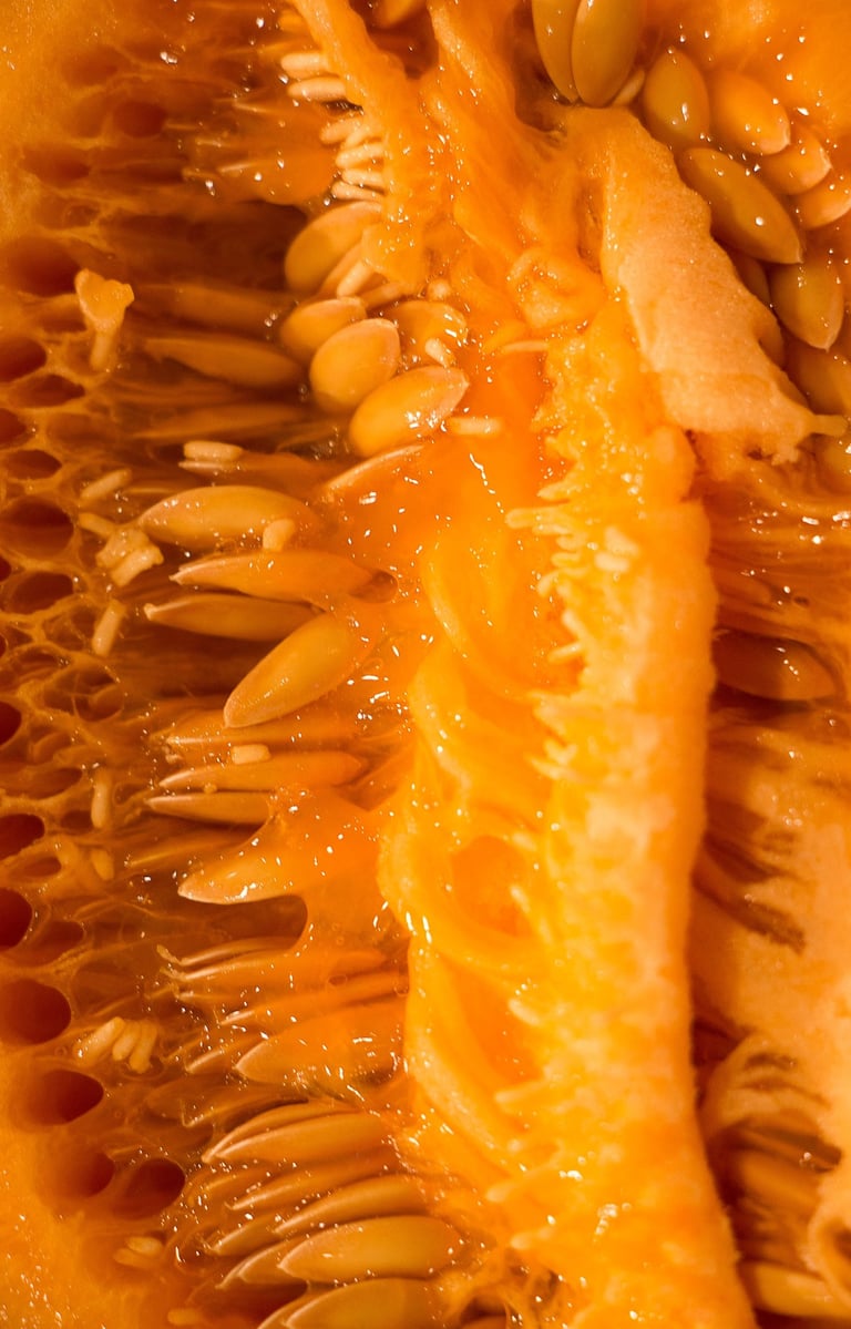 Closeup of the inside of a juicy orange frut with multiple seeds.