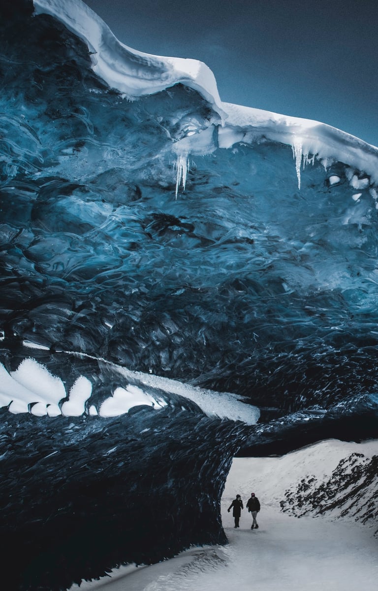 a person standing in a icy cave 
