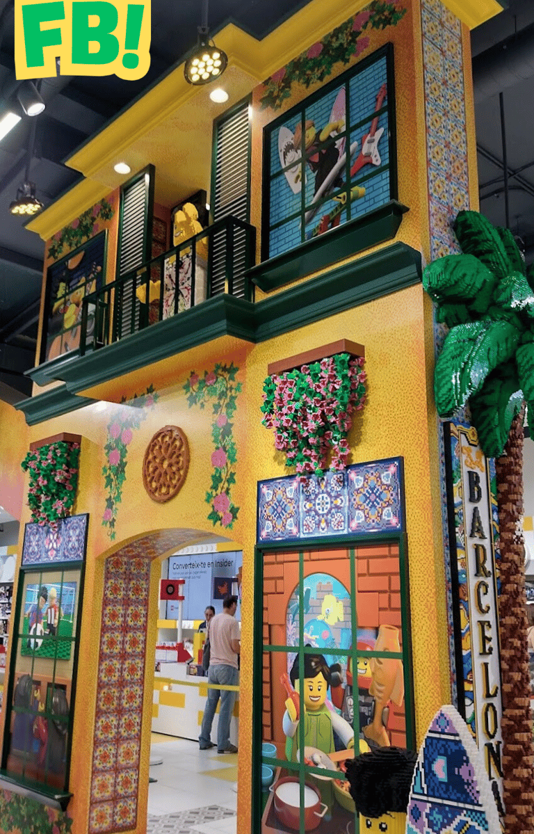 a building with a large window and a surfboard