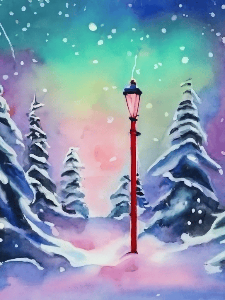Gen AI watercolor - Narnia in winter with lampost