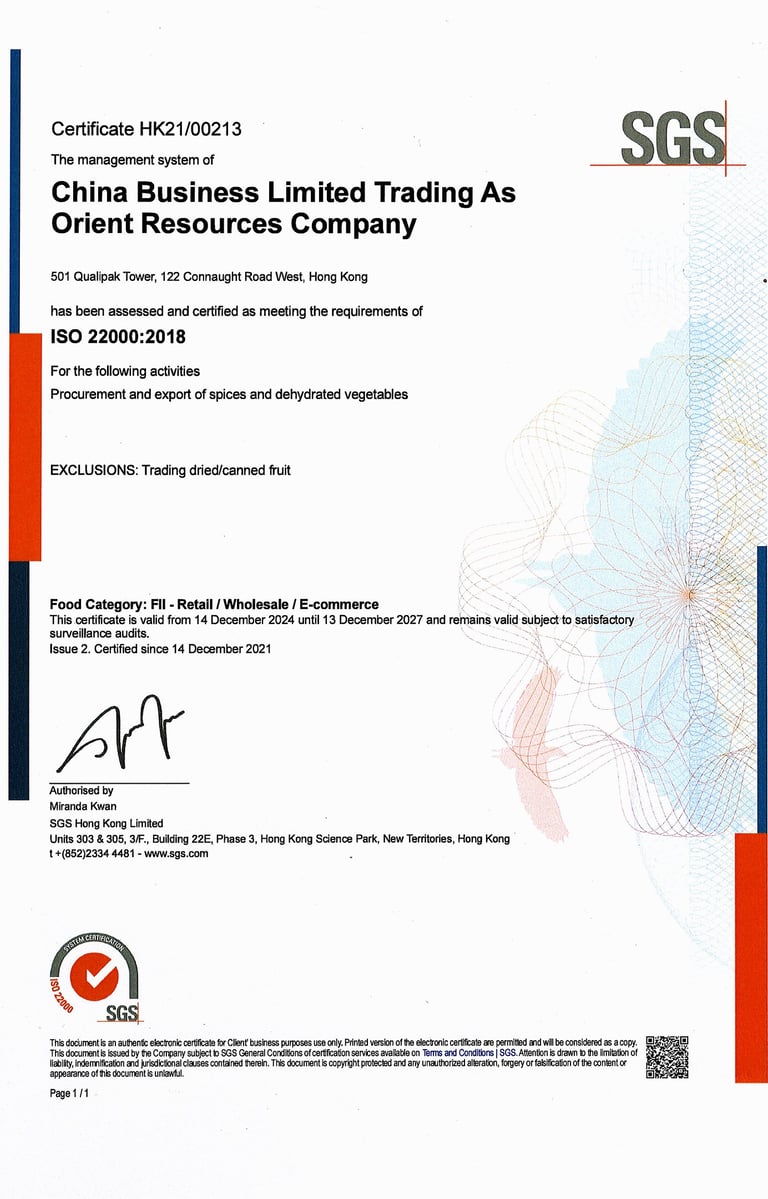 SGS ISO22000 certificate