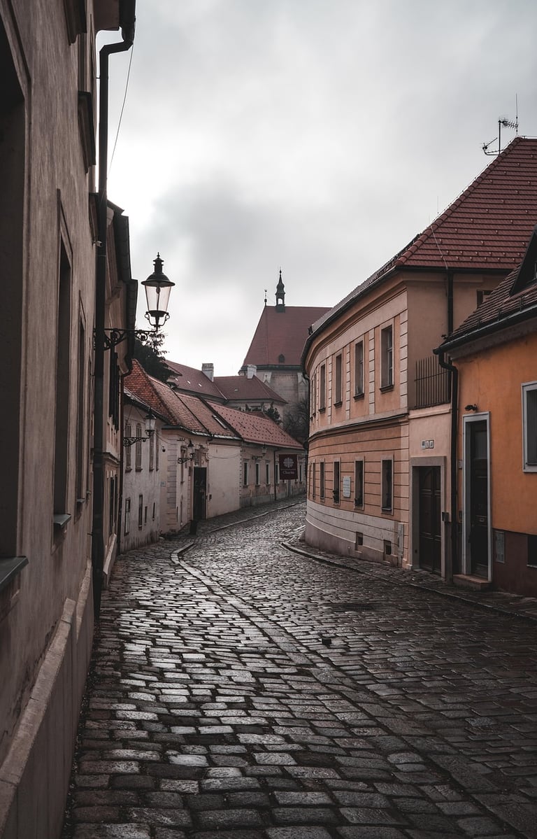 Calle adoquinada y estrecha del casco antiguo de Bratislava, con fachadas de casas de colores suaves