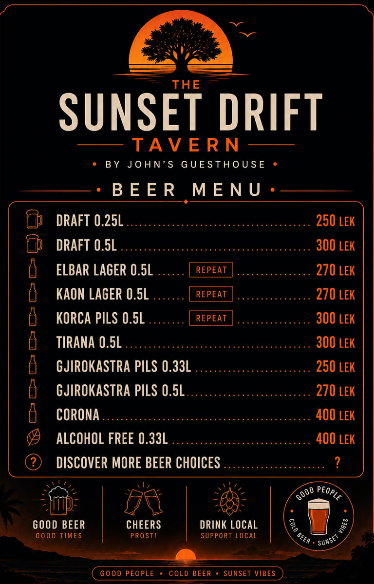 Vintage-style beer price list poster for The Sunset Drift Sea Side Tavern by John’s Guesthouse, feat