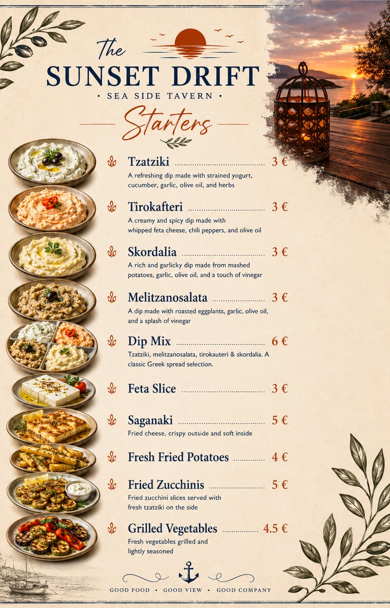 Starters menu for The Sunset Drift Tavern by John’s Guesthouse, showcasing traditional Greek appetiz