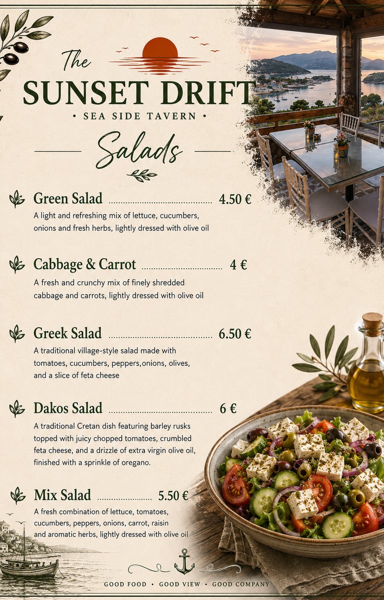 Salads menu for The Sunset Drift Tavern by John’s Guesthouse, featuring Mediterranean favorites incl