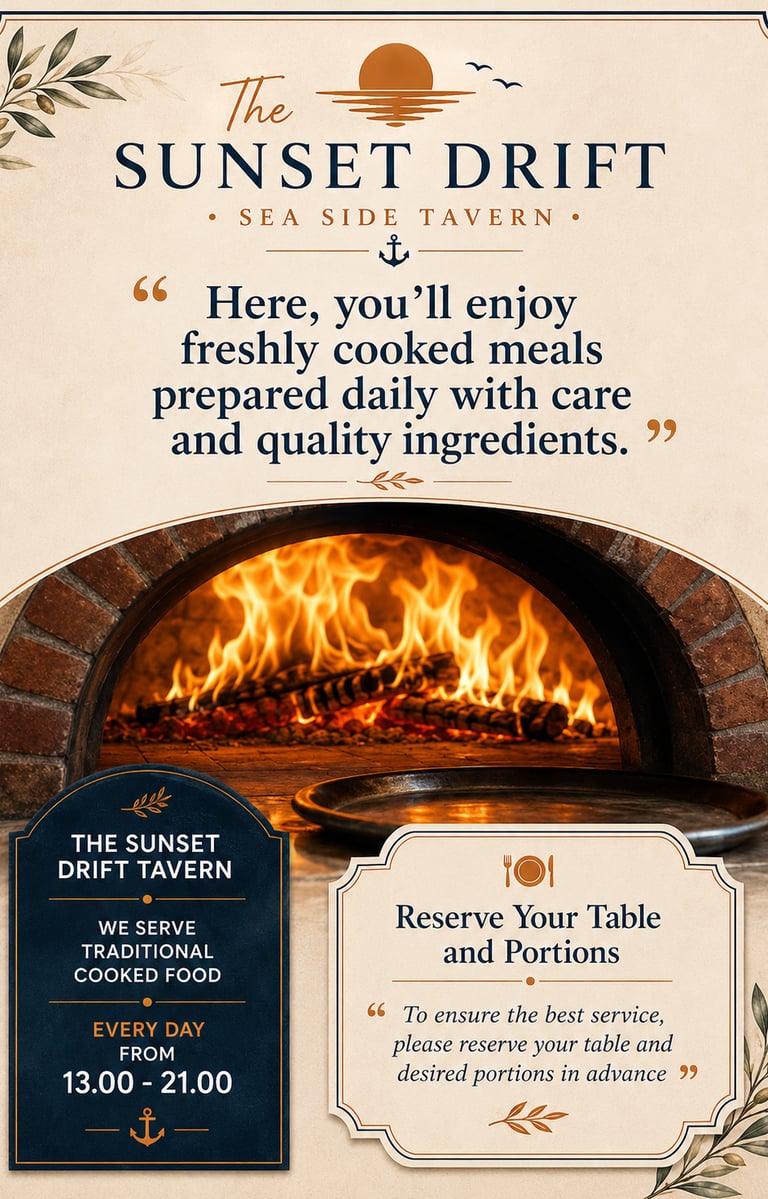 Promotional poster for The Sunset Drift Tavern by John’s Guesthouse, featuring a traditional wood-fi
