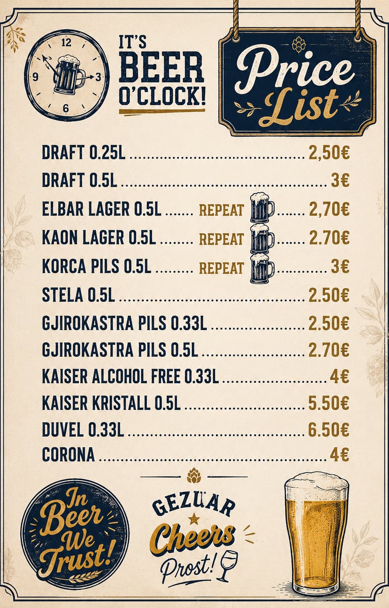 Vintage-style beer price list poster for The Sunset Drift Sea Side Tavern by John’s Guesthouse, feat