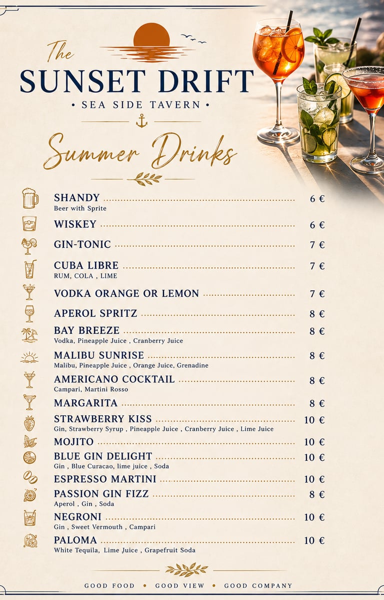 Summer drinks and cocktail menu for The Sunset Drift Tavern by John’s Guesthouse, featuring refreshi