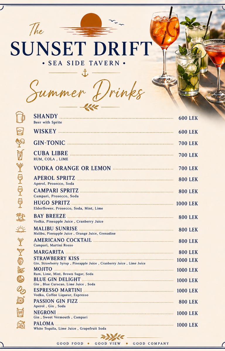 Summer drinks and cocktail menu for The Sunset Drift Tavern by John’s Guesthouse, featuring refreshi