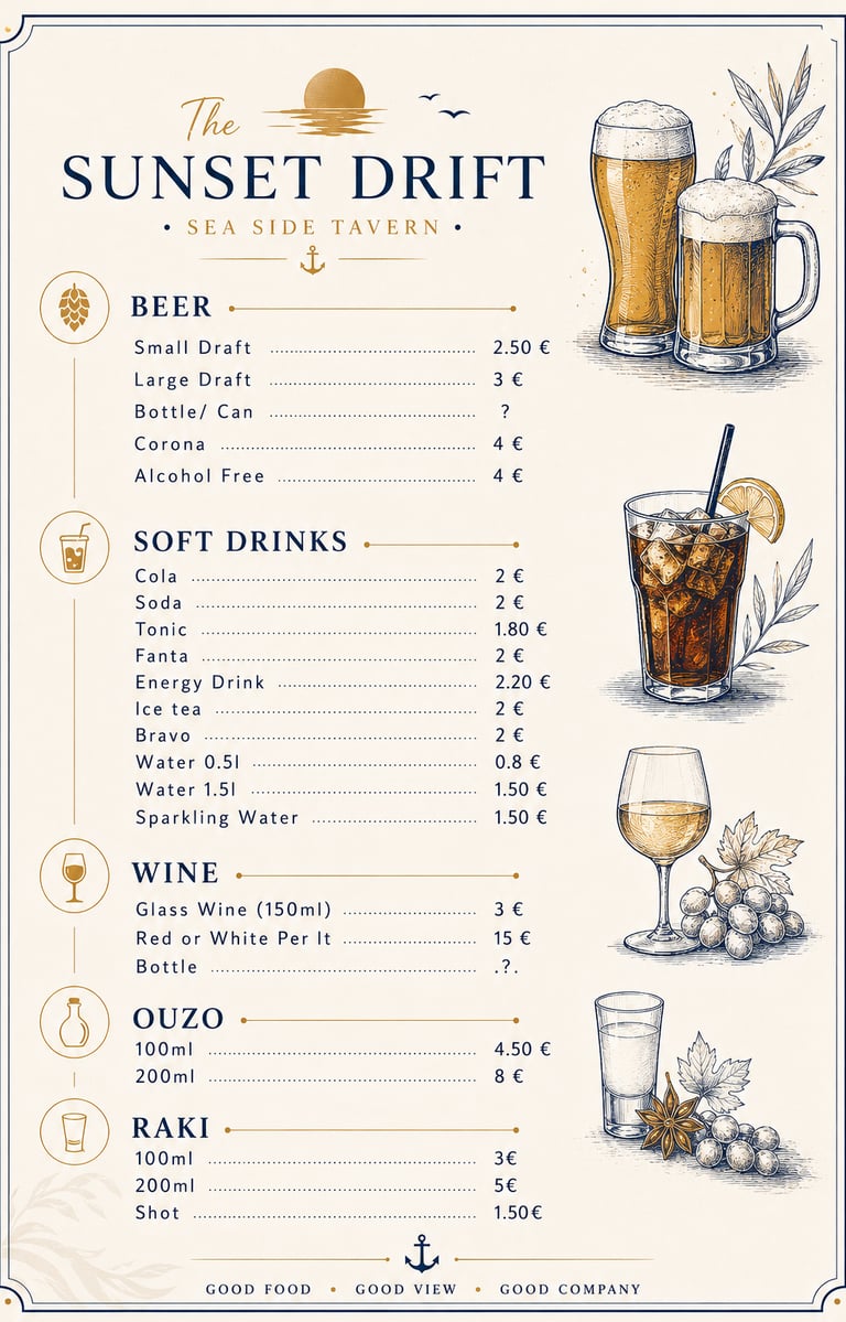 Drinks menu for The Sunset Drift Tavern by John’s Guesthouse, featuring beer, soft drinks, wine, ouz