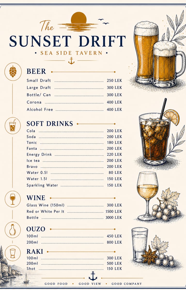 Drinks menu for The Sunset Drift Tavern by John’s Guesthouse, featuring beer, soft drinks, wine, ouz