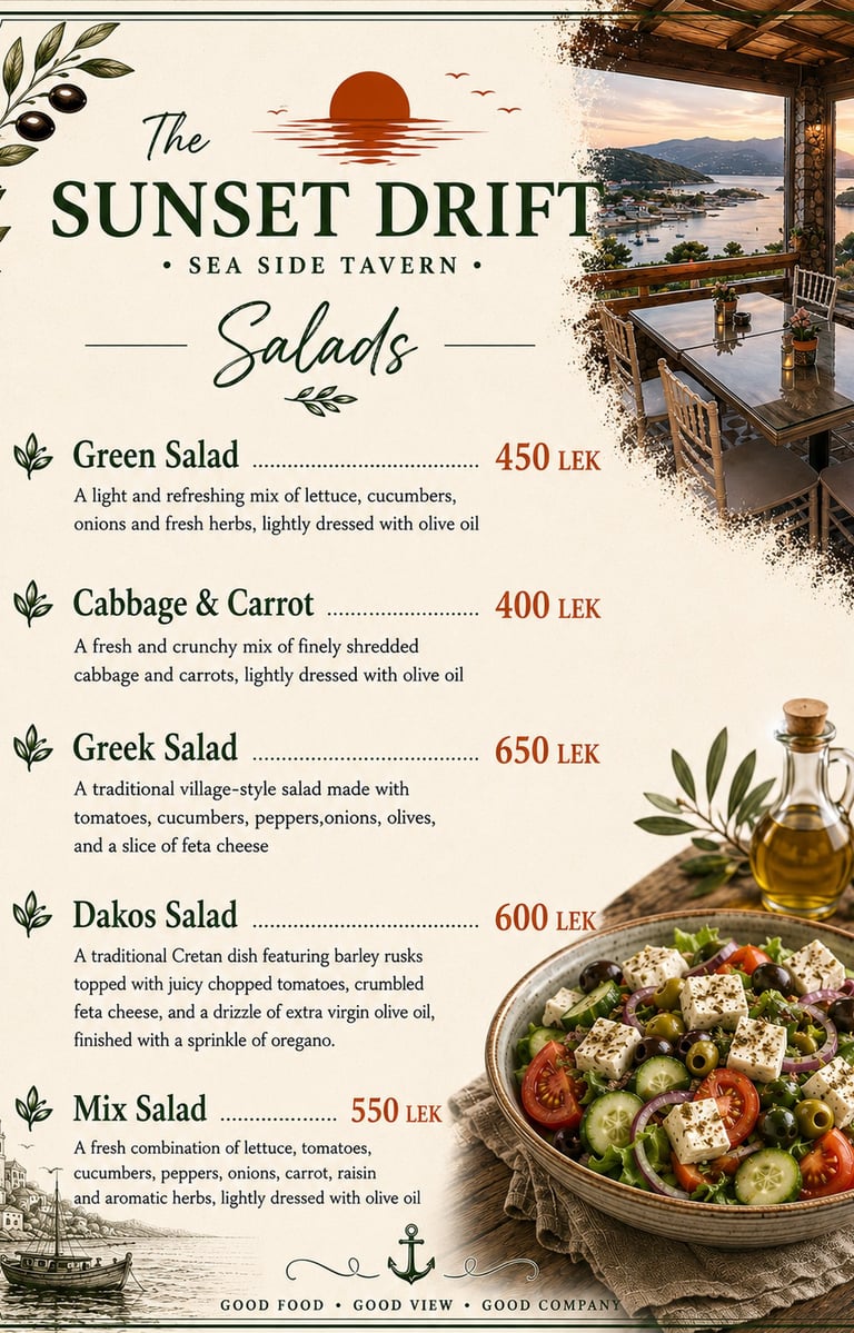 Salads menu for The Sunset Drift Tavern by John’s Guesthouse, featuring Mediterranean favorites incl