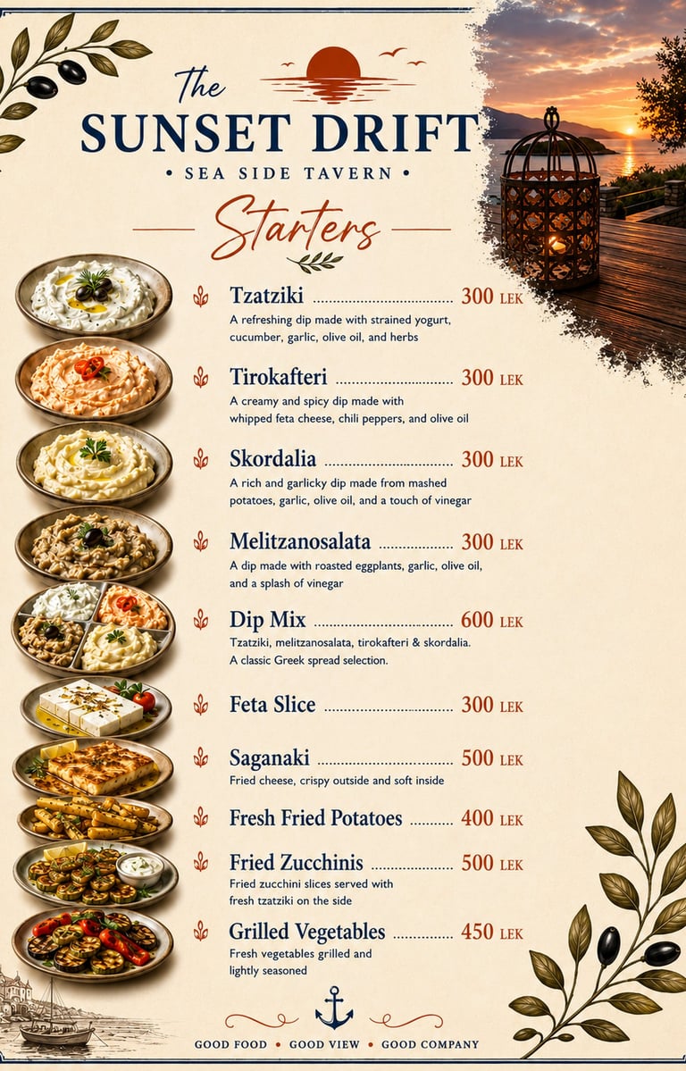 Starters menu for The Sunset Drift Tavern by John’s Guesthouse, showcasing traditional Greek appetiz