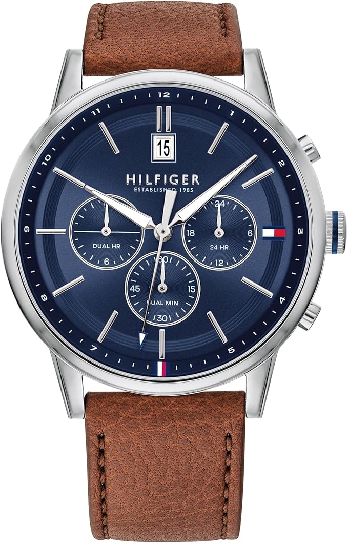 Tommy Hilfiger men's chronograph watch with a navy blue dial and brown leather strap.