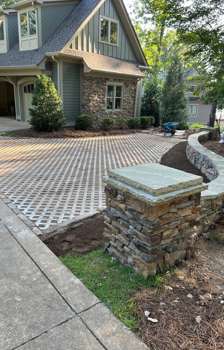 Finished motor court project. Pavers. Stone wall & columns