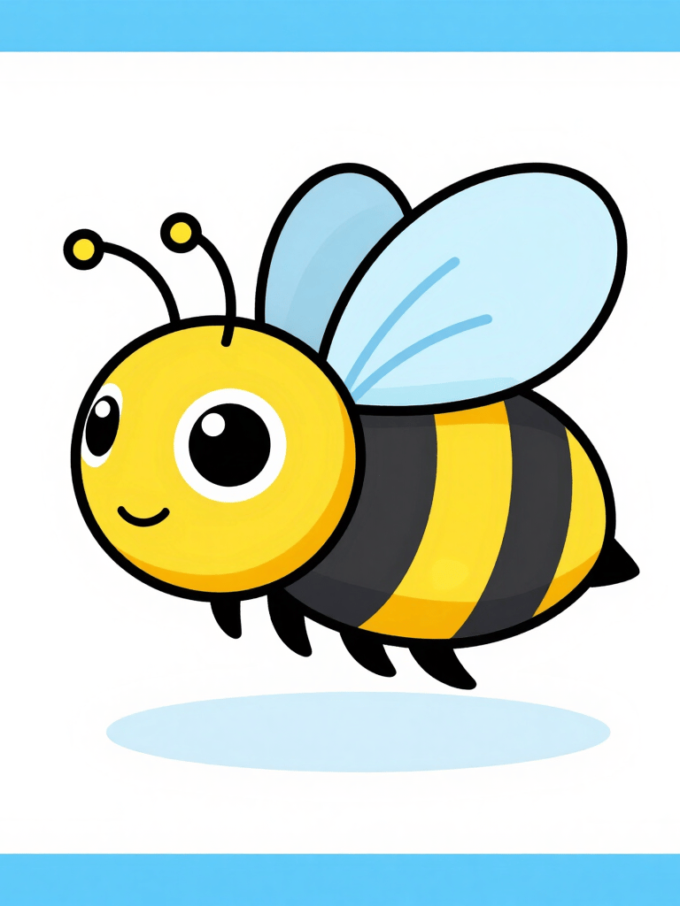 Cute cartoon honey bee illustration with yellow stripes and blue wings flying on a white background.