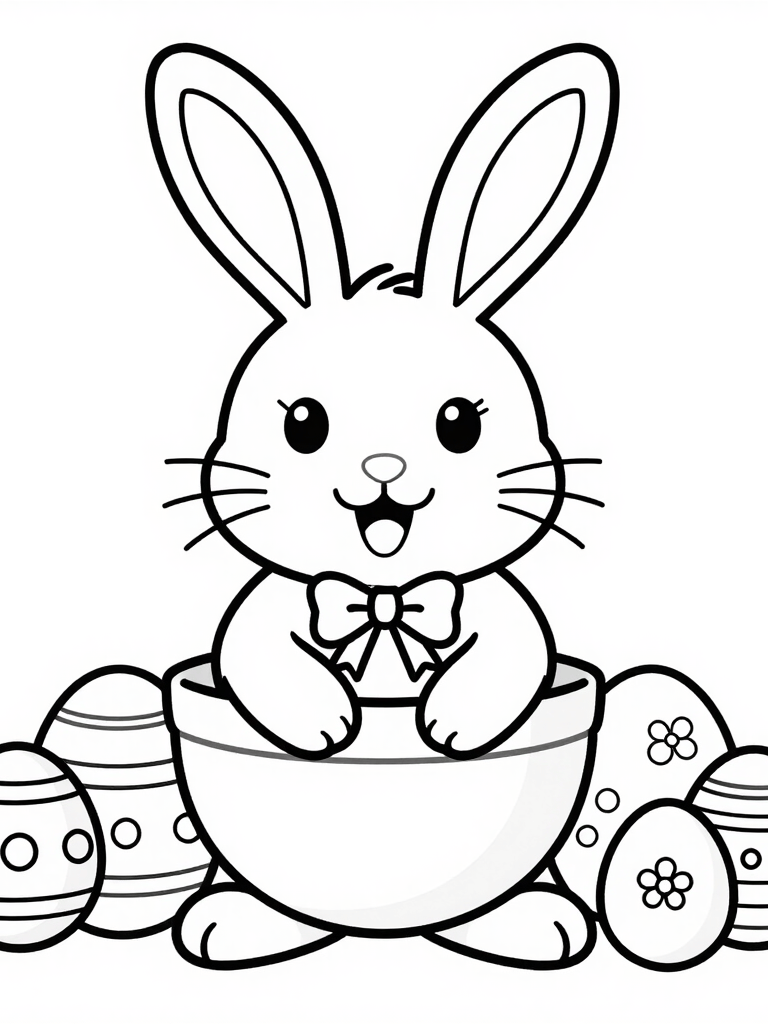 Cute Easter bunny coloring page featuring a rabbit in a bowl with decorated Easter eggs.