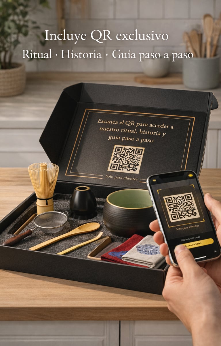 Kit de té matcha presentado en caja negra abierta, con utensilios ordenados y un móvil escaneando un