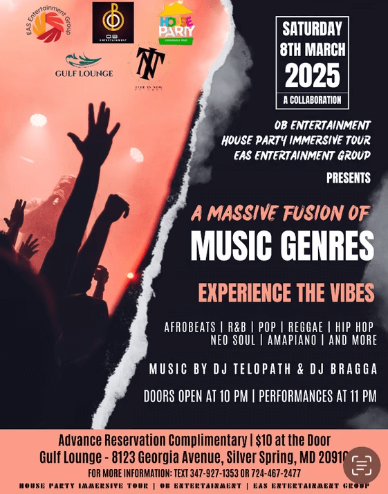 Poster for House Party Immersive Tour music event at Gulf Lounge in Silver Spring featuring Afrobeats and R&B.