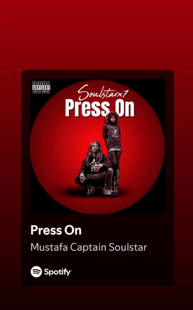 Spotify album art for Press On by Mustafa Captain Soulstar featuring two artists on a red background.