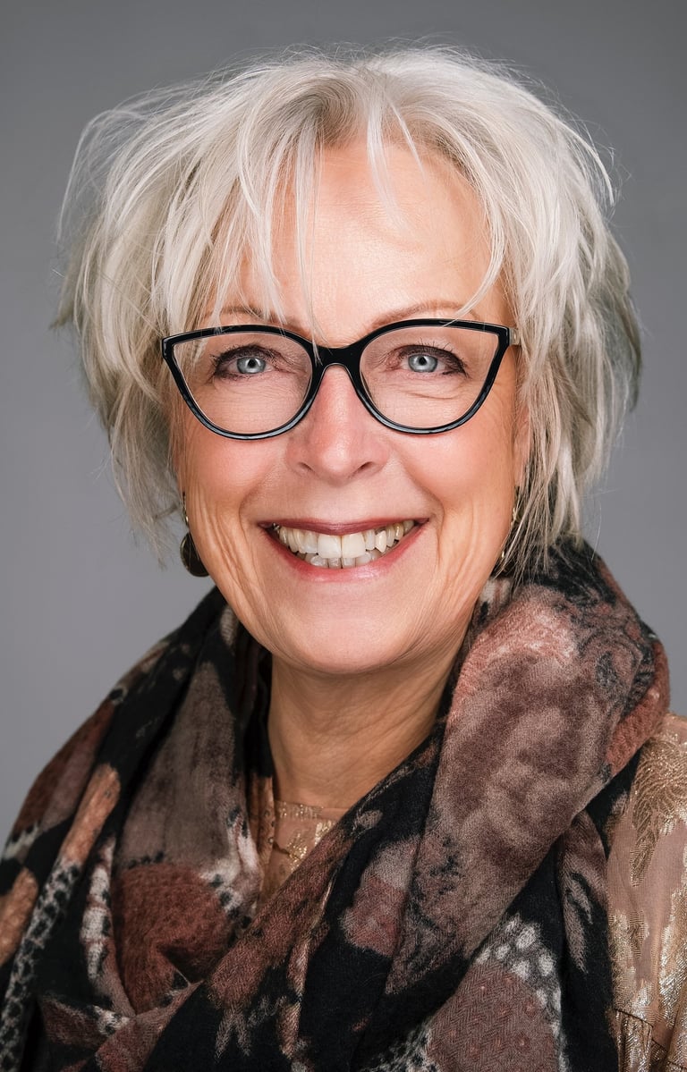 Professional headshot of a smiling senior woman with short white hair and stylish black glasses.