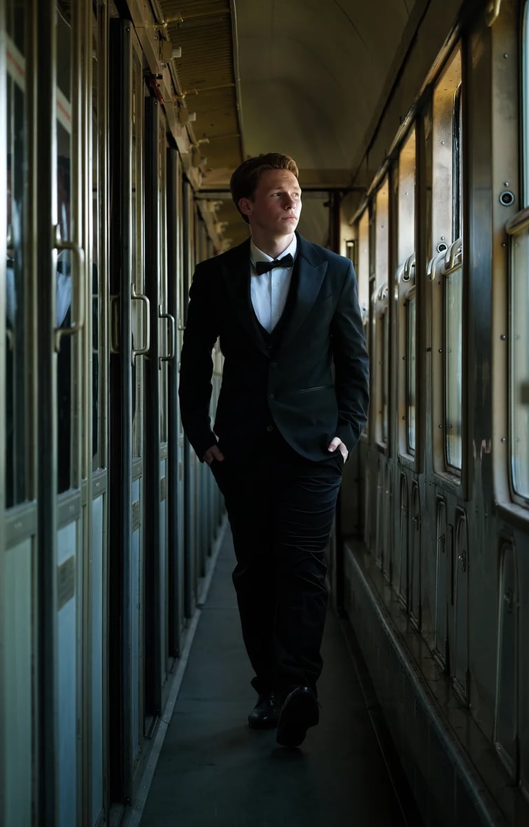 portret jongeman in smoking treincoupe