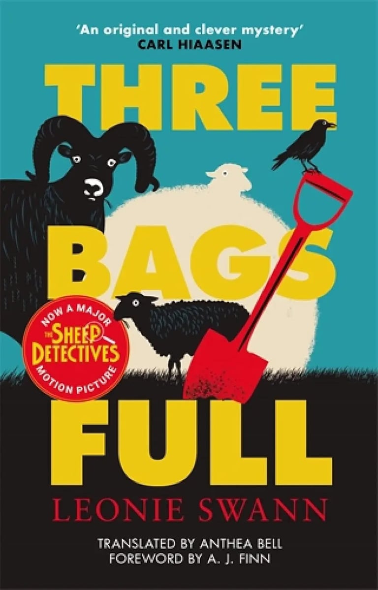 Book cover for Three Bags Full by Leonie Swann featuring a mystery novel illustration of sheep and a shovel.