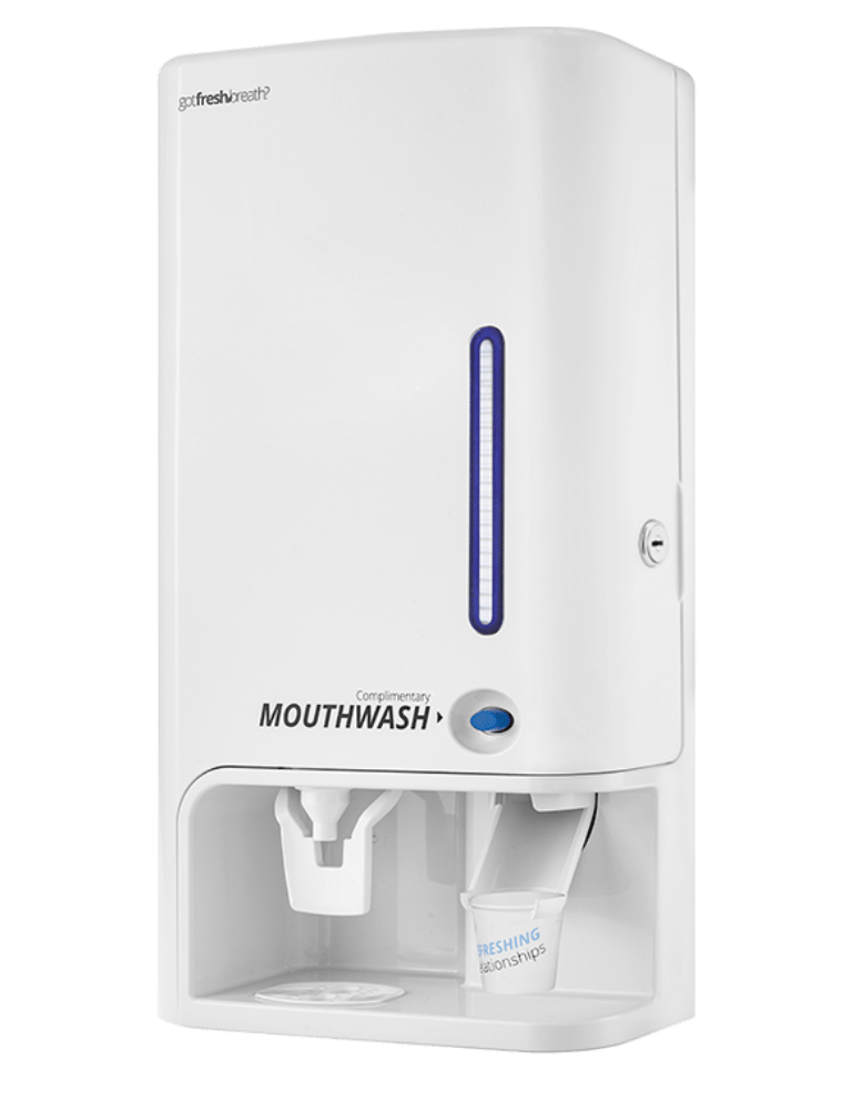 Dispensador automático de enjuague bucal color blanco, ideal para oficinas, baños y más.