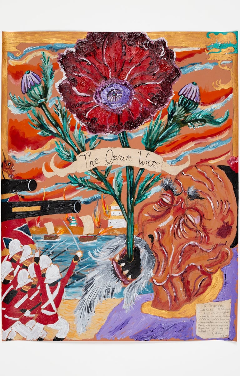 ‘The Opium Wars’, 2024, Acrylic, watercolour and fineliner on paper ©Andrew Gilbert