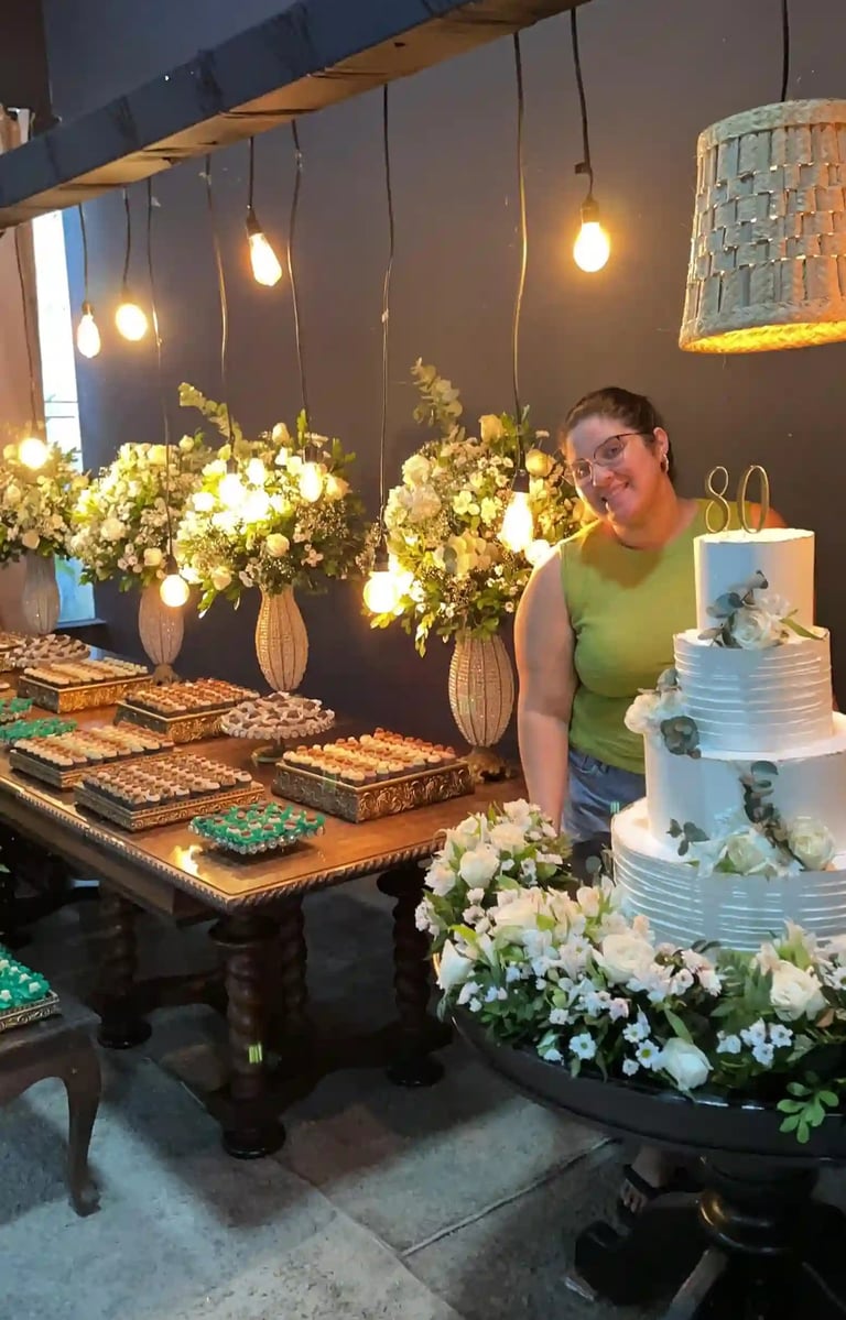 Decoração de festa com bolo de aniversário branco, flores e docinhos dispostos em mesa, criando um a
